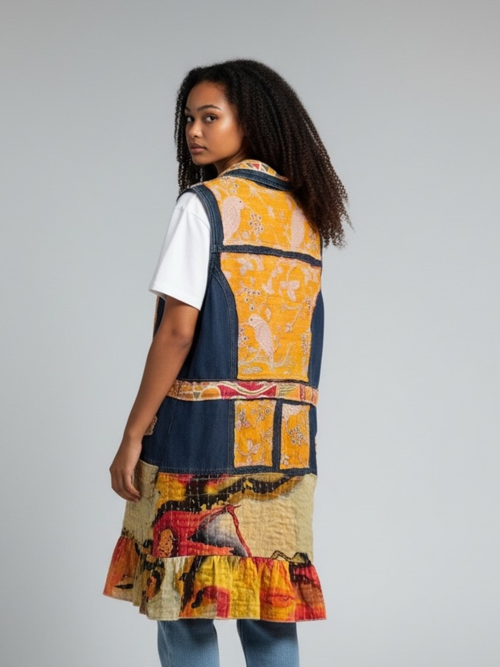 Upcycled Denim Duster Vest Kantha Patchwork Boho Wearable Art Festival Jacket L - Picture 5 of 8
